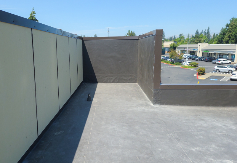 Close-up showing GAF TPO roofing and parapet walls
