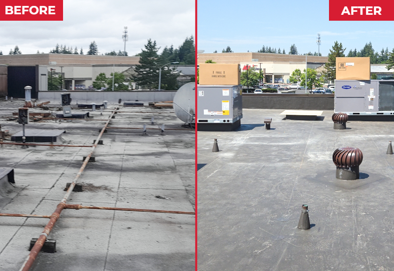 Before and After comparision showing commercial flat roof replacement with GAF TPO in Dark Bronze