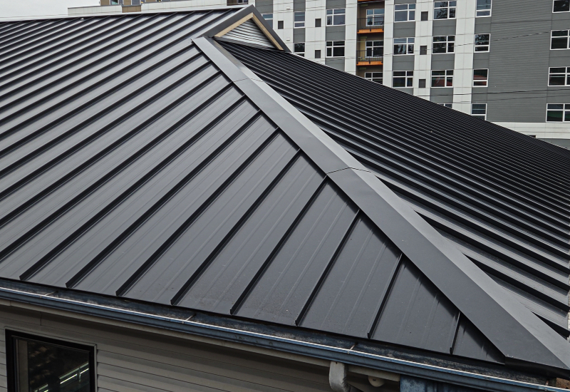 Close-up showing the profile of commercial standing seam metal roof