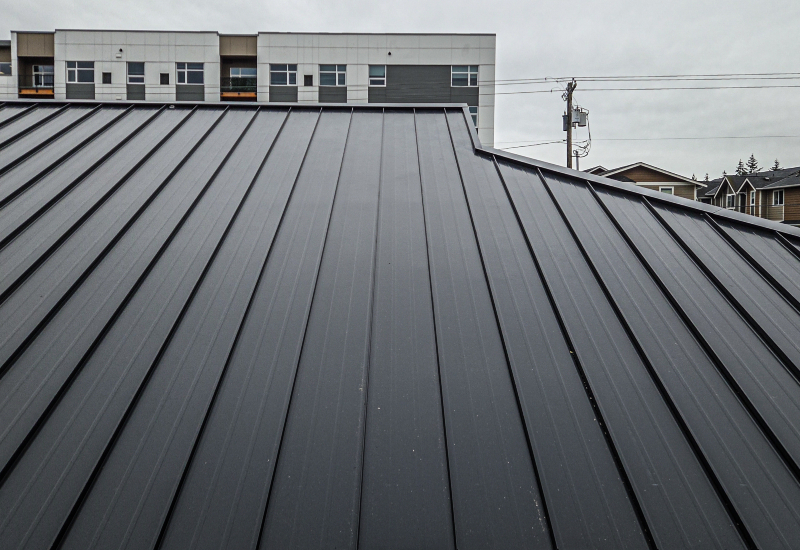 Close-up showing the standing seams and Matte Black finish