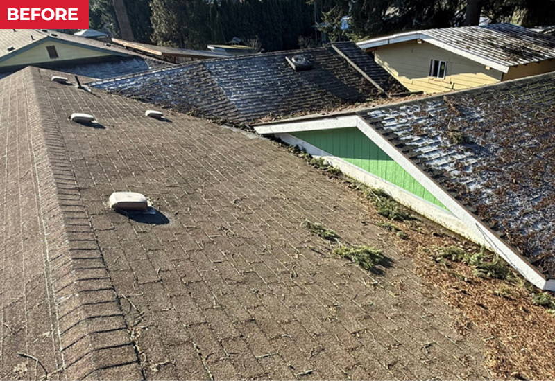 Before photo showing the original weathered asphalt shingle roof prior to replacement with Copper Penny metal roofing