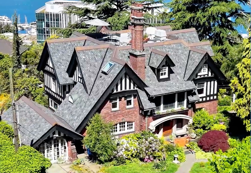 Aerial view of the completed Owens Corning Woodmoor roof in Granite