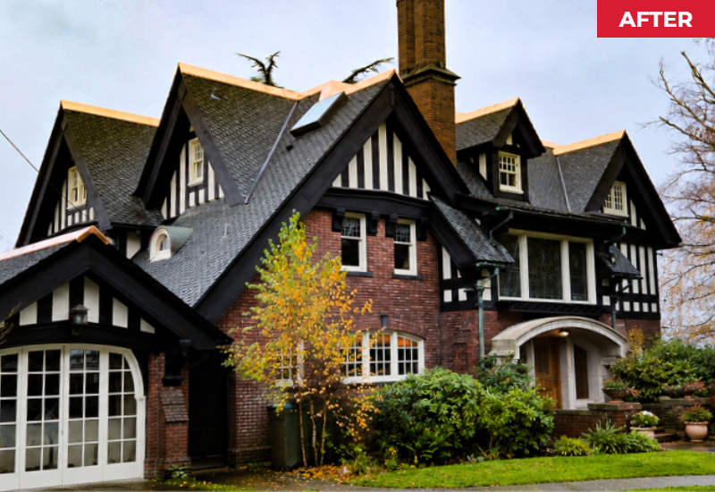 Completed roof replacement on the Historic Fisher Mansion featuring Owens Corning Woodmoor shingles in Granite and custom copper detailing