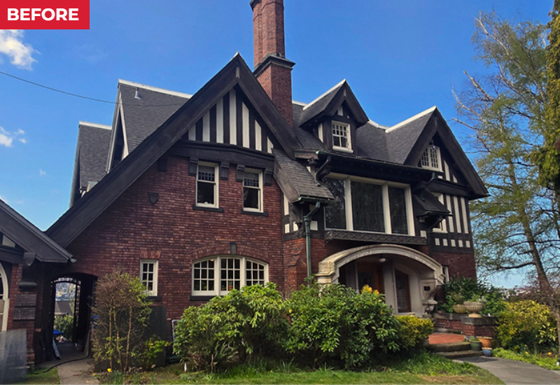 Before roof replacement, showing the original roofing and architectural details