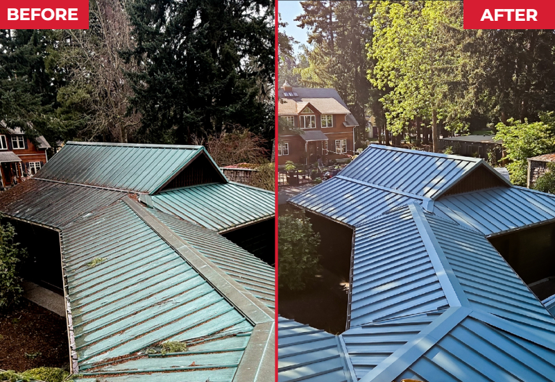 Before and after views of the original weathered metal roof and completed Imperial Metals standing seam roof replacement.