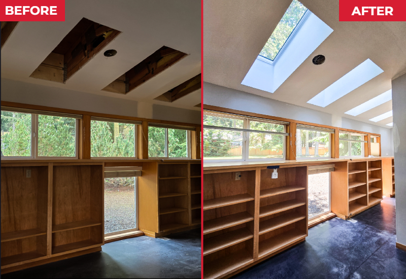 Before and after interior view showing new VELUX skylights transforming a previously dark living space with abundant natural light.