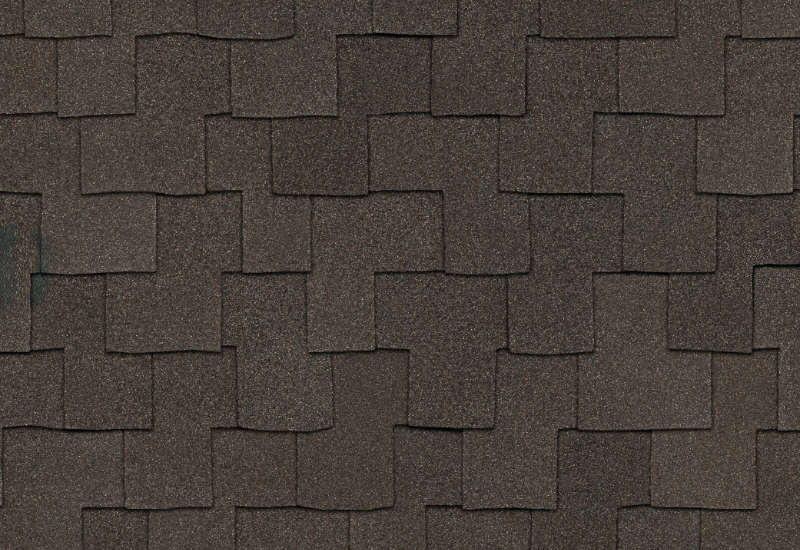 Product close-up showing Owens Corning Woodmoor shingles in Mesquite