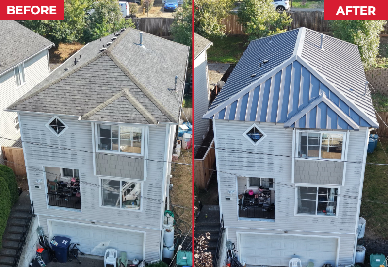 Before and After comparision showing the original shingle roof on the left replaced with Imperial Metals standing seam metal roofing in Slate Gray on the right