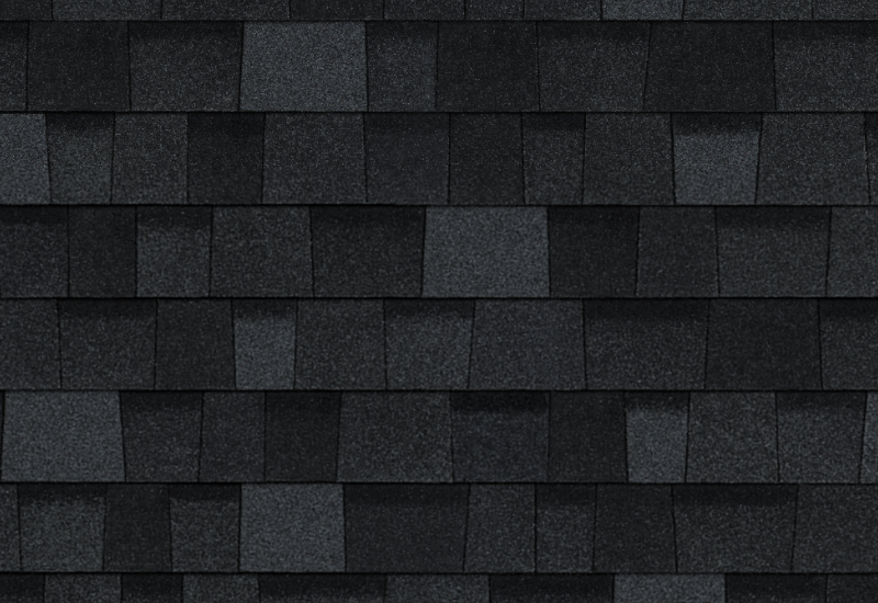 Product close-up showing Owens Corning Duration shingles in Onyx Black