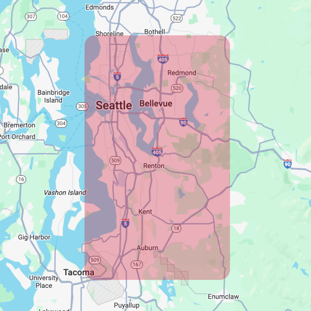 a map with a red overlay marking Roof Boss's service area spanning from North Seattle to Tacoma