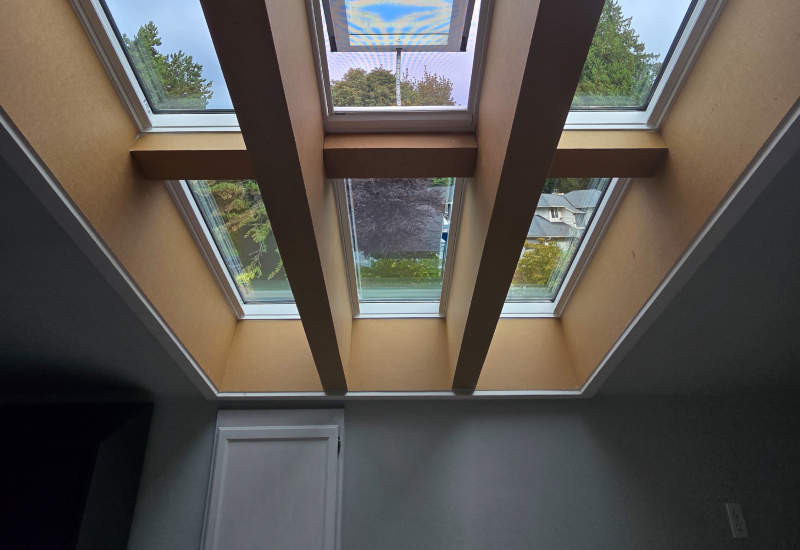 Interior view of new VELUX skylights on a slanted wall
