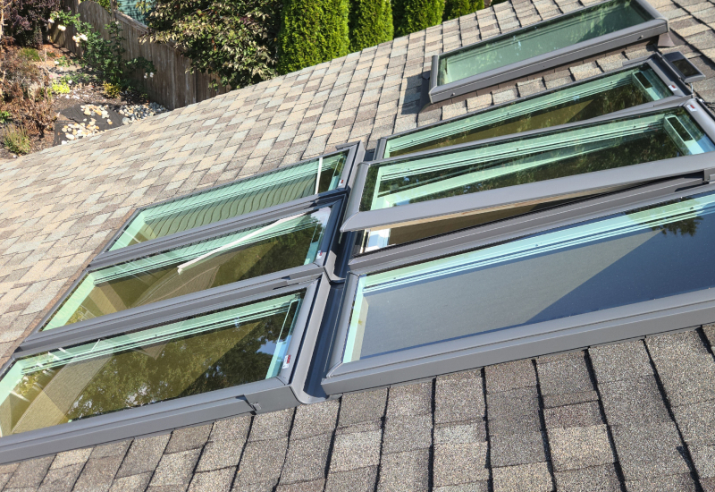 Close up of new skylights on a shingle roof