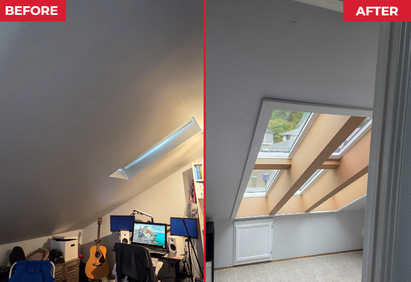 Before & After comparison showing the transformation from two to eight VELUX skylights